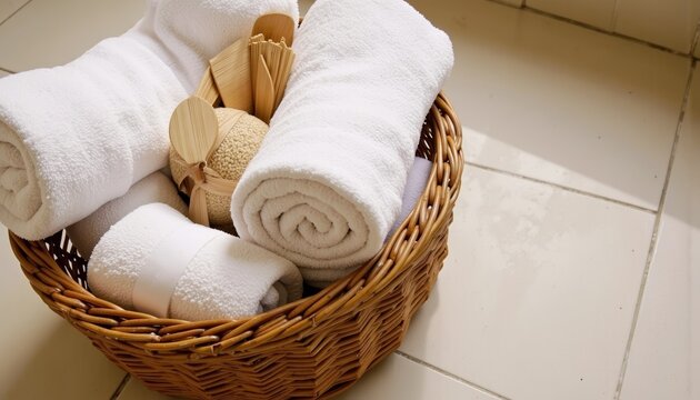 Soft white towels arranged in a basket on tiled bathroom floor  