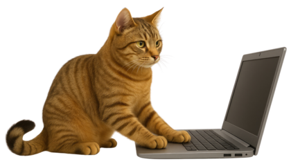 Adorable Tabby Cat Working on Laptop Computer Technology Pets Concept