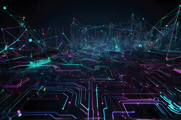 Abstract Digital Network with Neon Connectivity Lines