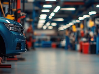 automotive workshop scene with blue car lifted on hydraulic jack in modern garage, showcasing maintenance and repair environment with tools, equipment, and blurred background for focus