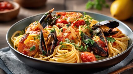 Italian seafood pasta with shrimp, mussels, and tomato sauce plated on deep ceramic dish with lemon wedges and parsley.