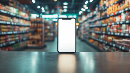Smartphone with a blank white screen placed on a sleek modern counter in a softly blurred grocery store background symbolizing digital shopping convenience apps and future retail tech

