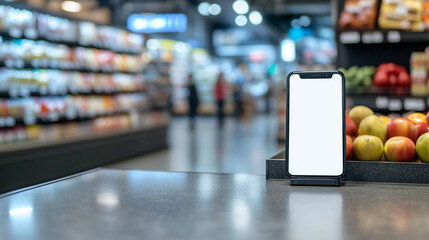 Smartphone with a blank white screen placed on a sleek modern counter in a softly blurred grocery store background symbolizing digital shopping convenience apps and future retail tech


