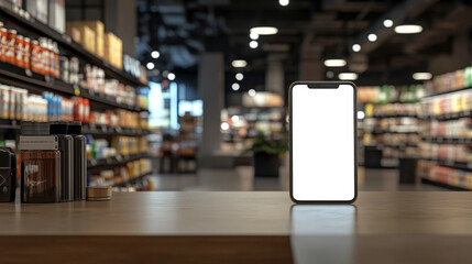 Smartphone with a blank white screen placed on a sleek modern counter in a softly blurred grocery store background symbolizing digital shopping convenience apps and future retail tech

