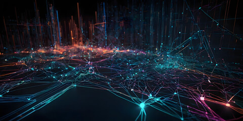 Abstract Digital Network with Neon Connectivity Lines