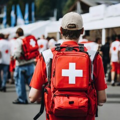 Red Cross first aid personnel with red backpacks and white crosses on them