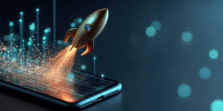 A rocket launching from a mobile phone screen, symbolizing startup concepts, technology, and the innovative power of Generative AI.