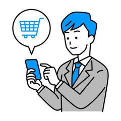スマートフォンでネットショッピングをするスーツの男性