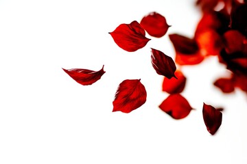 Red rose petals falling on white background