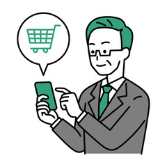 スマートフォンでネットショッピングをする中年のスーツの男性