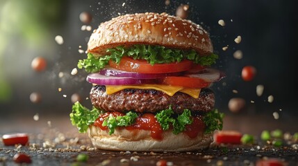 hamburger with mid air separated ingredients - stock photo