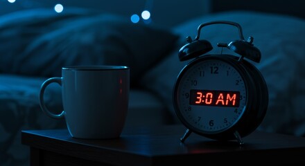 alarm clock and coffee mug on bedside table with soft bed background. display shows 3:00 am, signifying insomnia or early rise. cozy night scene with warm lighting