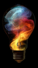 Surreal floating lightbulb filled with swirling cosmos and nebulae radiating rainbow light waves symbolizing limitless imagination creative thinking and the fusion of science and artistic vision


