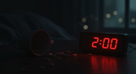 alarm clock shows 2:00 am beside scattered pills and a tipped mug on a dark table. scene suggests insomnia, sleeplessness, late-night stress, or health issues.