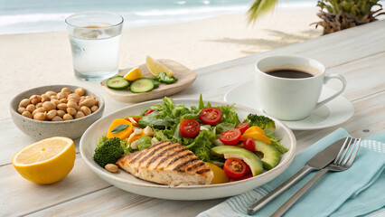 Healthy South Beach Diet Meal Flat Lay with Chicken and Vegetables