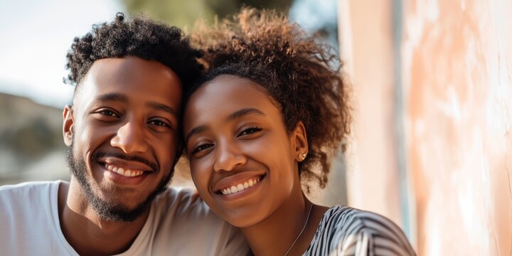 smiling couple enjoying sunny afternoon outdoor. bright expressions highlight happiness and connection. natural sunlight enhances vibrant mood, perfect for themes of love, friendship, and joy
