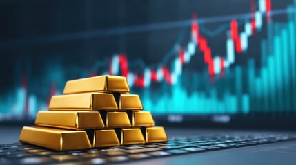 A pile of stacked gold bars with a forex trading graph in the background, symbolizing gold market investments.