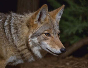 closeup of a coyote in the forest at night