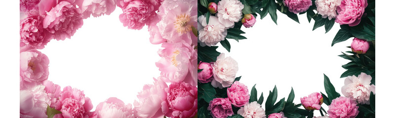 peony floral frame, pink and white flowers on transparent background.