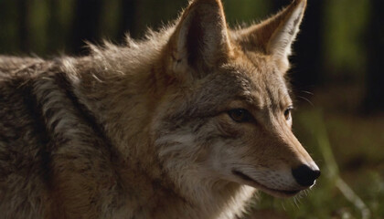 closeup of a coyote in the forest at night
