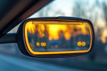 Car side mirror reflects a blurred sunset, city lights bokeh, driver POV. Good for travel, transport, or driving safety concepts and related articles.