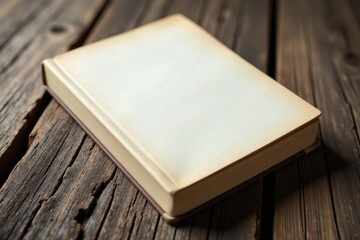 Fototapeta premium Close-up of a blank book cover on a rough-textured wooden background, wood grain, paper texture