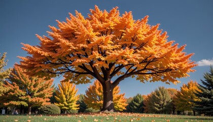 Naklejka premium Vibrant autumn tree with orange leaves against a clear blue sky.