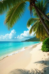Palm tree-lined beach with warm sandy shore and turquoise ocean , island, sea