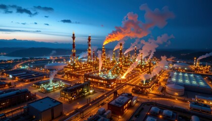 Obraz premium Vibrant Night View of Industrial Oil Refinery with Flare Stacks and Smoke Emissions under Twilight Sky
