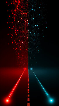 Technology background with two paths running in parallel symbolizing duality in innovation competition and cooperation in digital progress with a red and blue futuristic color scheme

