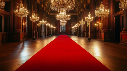 Obraz premium Grand Ballroom with Red Carpet and Sparkling Chandeliers at Night
