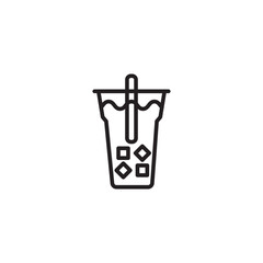 A simple line drawing shows a plastic cup filled with a beverage, ice cubes, and several square or diamond-shaped sinkers, with a straw inside.