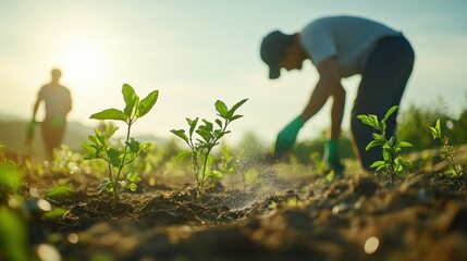 Young plants being watered during eco restoration at sunset