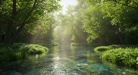 Obraz premium 新緑と川の風景