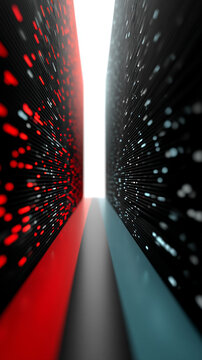 Technology background with two paths running in parallel symbolizing duality in innovation competition and cooperation in digital progress with a red and blue futuristic color scheme

