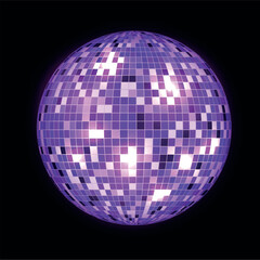 Purple glossy bright disco ball shiny party reflection nightclub realistic vector illustration