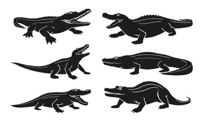 Angry crocodile aquatic reptile black minimalist silhouette set vector flat illustration