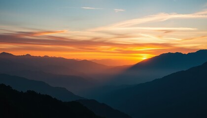 Fototapeta premium Majestic mountain range at golden hour, with layered peaks and vibrant skies