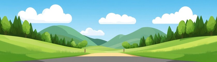Obraz premium Serene Landscape with Lush Green Hills, Bright Blue Sky, Soft Clouds, and Open Road for Nature Lovers and Outdoor Adventure Enthusiasts