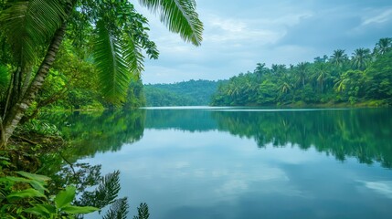 A pristine lake or river with crystal-clear water, surrounded by lush greenery, reflecting a peaceful and clean environment.