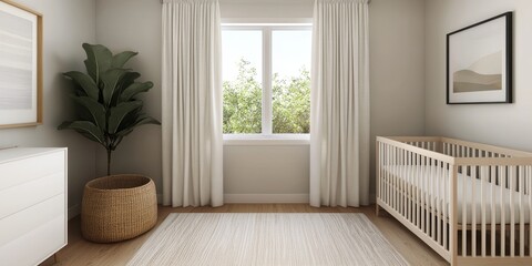 Fototapeta premium Baby room with soft curtains concept. Modern nursery with crib, plant, and natural light.