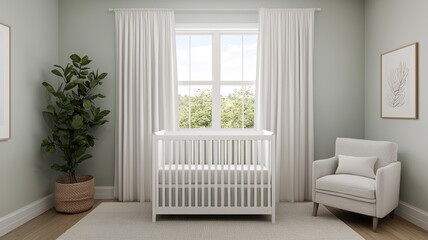 Baby room with soft curtains concept. Modern nursery with crib, plant, and natural light.