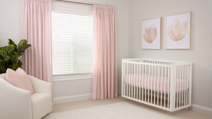 Baby room with soft curtains concept. Cozy nursery with natural light and soft pink accents.