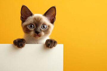 Isolated baby cat on a solid apparel bright orange background. Animal looking cute. Pet ad mockup. Ð¡ute cat burmese hold in front paws a wireframe - large white way sign. Isolated ad with c.