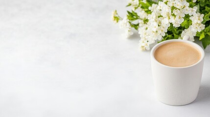 Simple white mug of coffee with spring flowers.  A serene, peaceful morning beverage