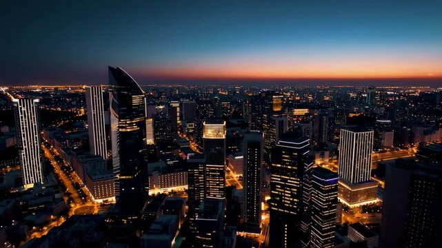 Nur sultan skyline shows illuminated skyscrapers during twilight