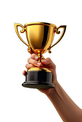  a hand firmly holding a gleaming gold trophy cup aloft against a plain white background.