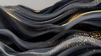 Abstract waves of grey and black flow with golden highlights. sparkling gold dots enhance the dynamic composition, creating a luxurious and fluid motion. Inked Flow. Illustration