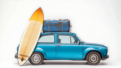 retro vintage car with wooden surfboard on top