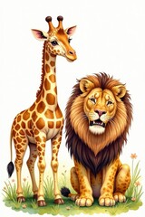 Safari animal watercolor illustration with giraffe and lion, wildlife, animals, illustration